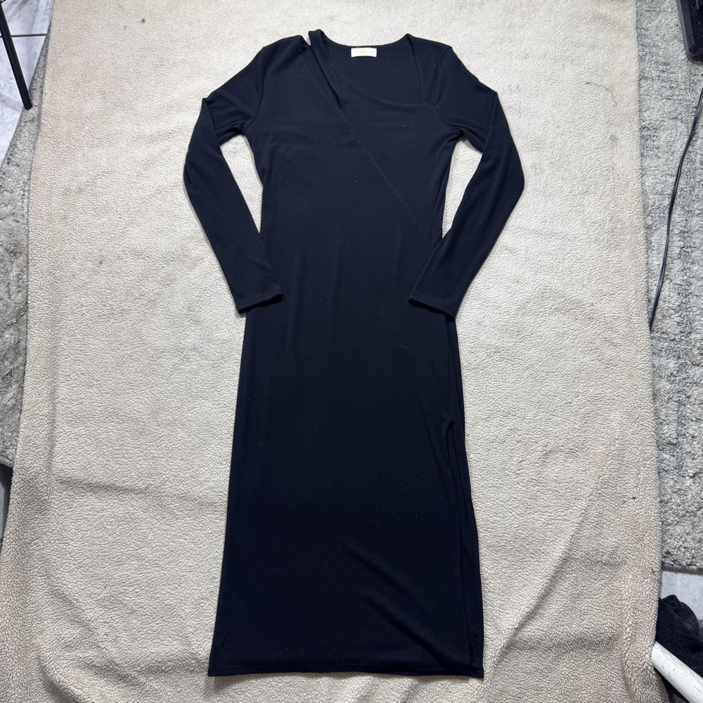 Chrysanthemum Dress Womens Medium Black‎ Long Sleeve Maxi Stretch Knit Slit USA